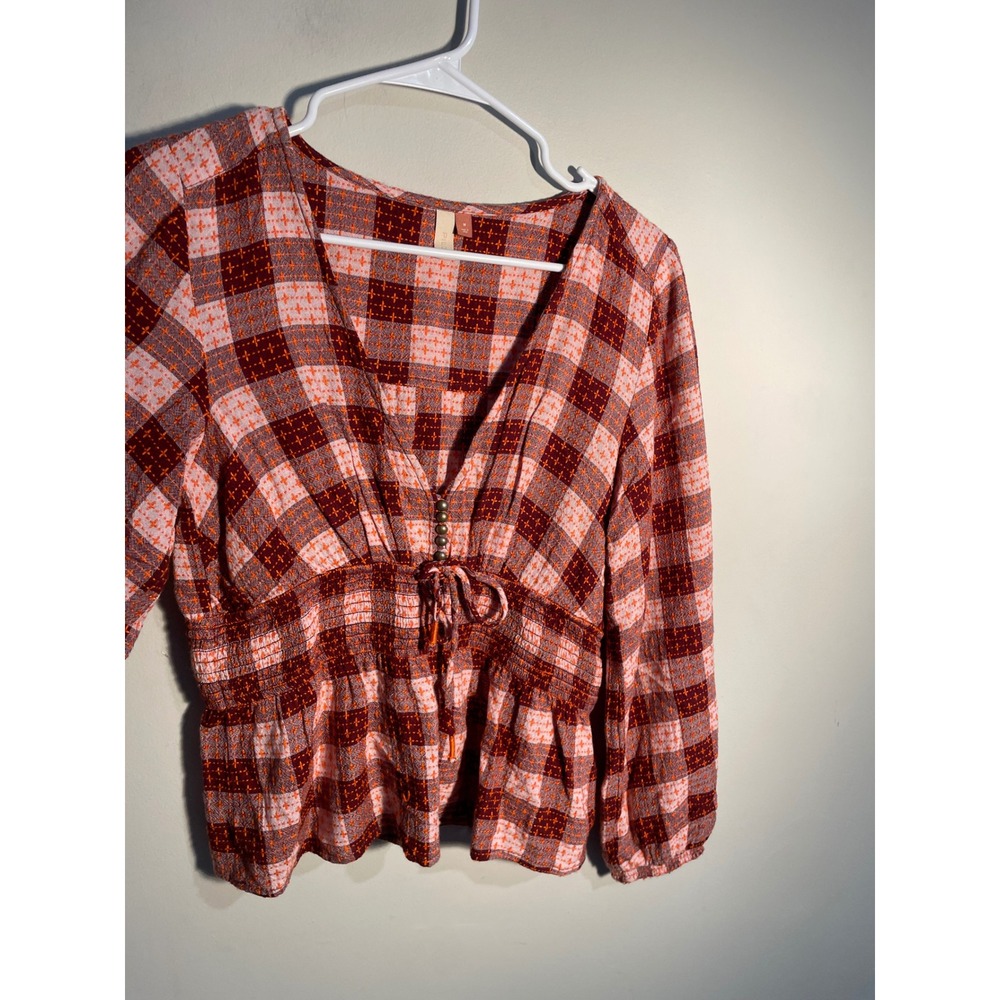 Anthropologie Red & Pink Plaid Peplum Blouse - Picture 5 of 10
